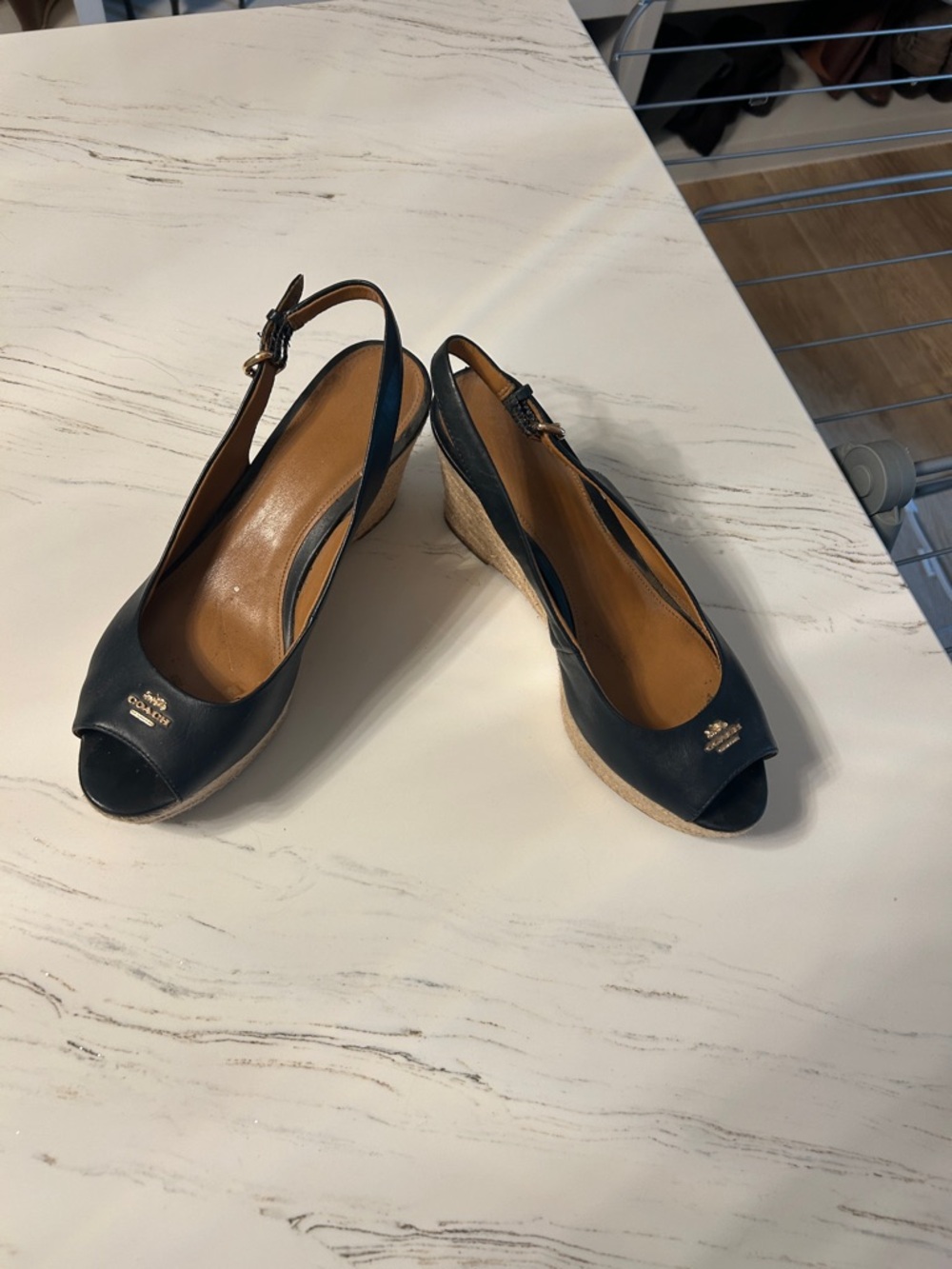 Coach Navy Leather Peep-Toe Wedge Slingbacks